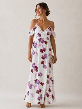 BARDOT Romantic Floral Maxi Dress Cold Shoulder Coquette Wedding Guest Dress 8
